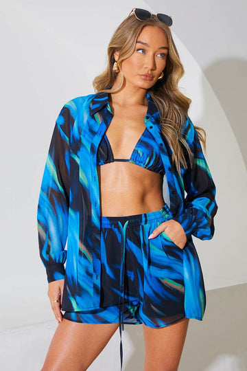 Abstract Print Chiffon Co-Ord Beach Shirt